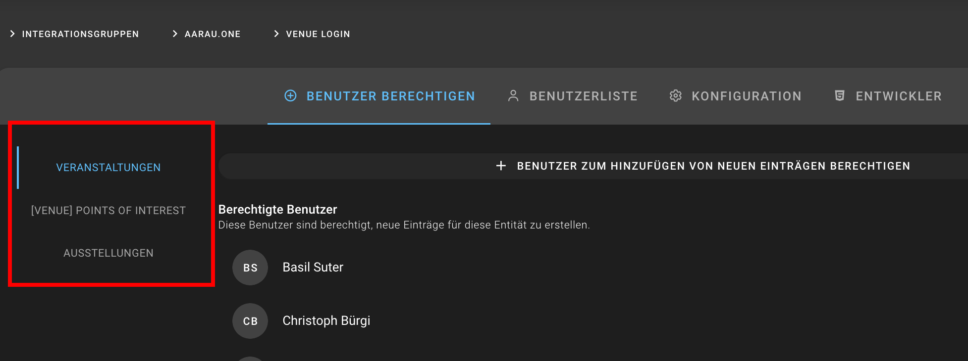 Venue-Integration: Berechtigung / User pro Content Pool hinzufügen Screenshot aus der Venue-Integration: Berechtigung / User pro Content Pool hinzufügen