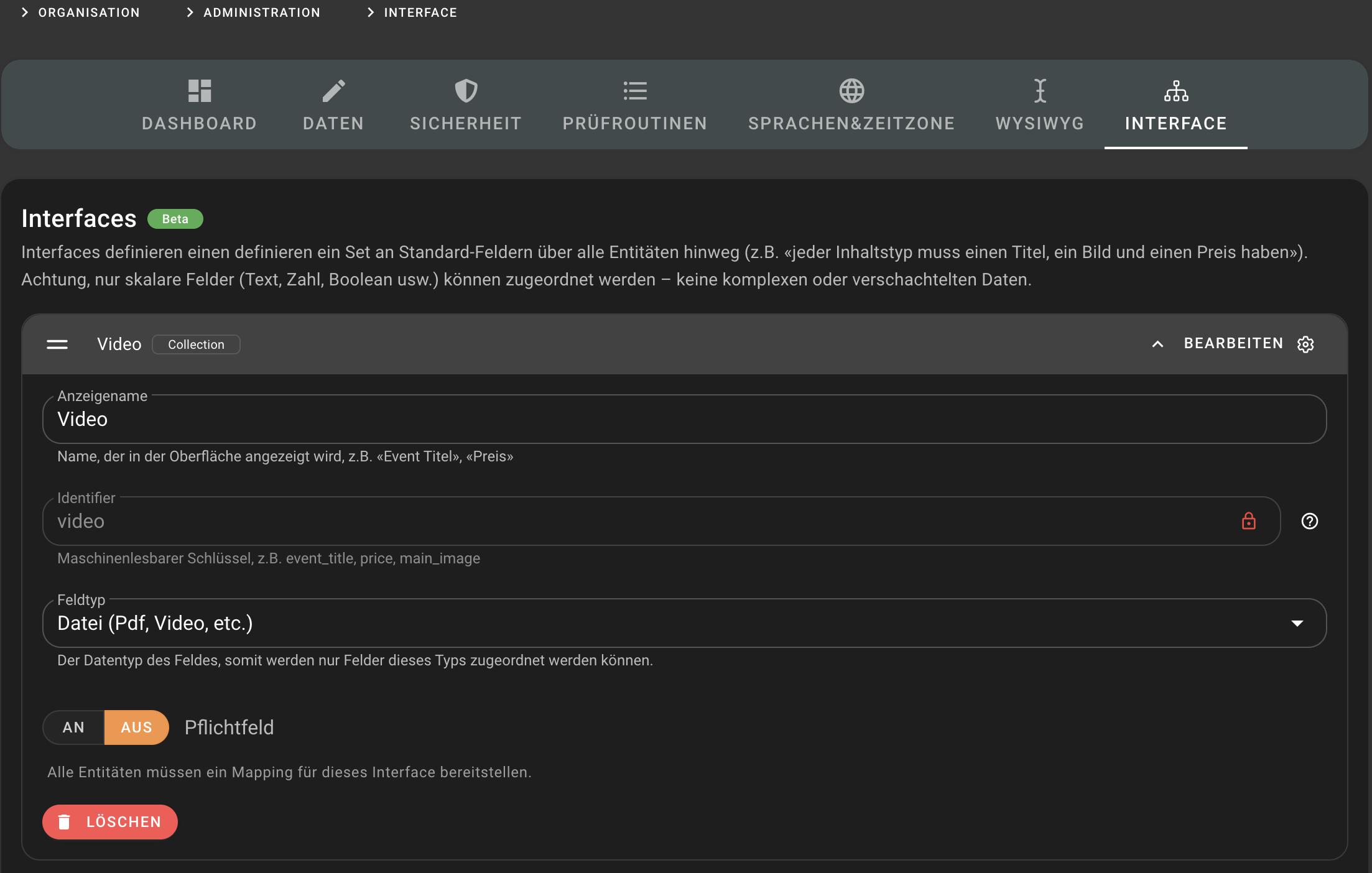 Zusätzliche Felder für das Standard Interface konfigurieren