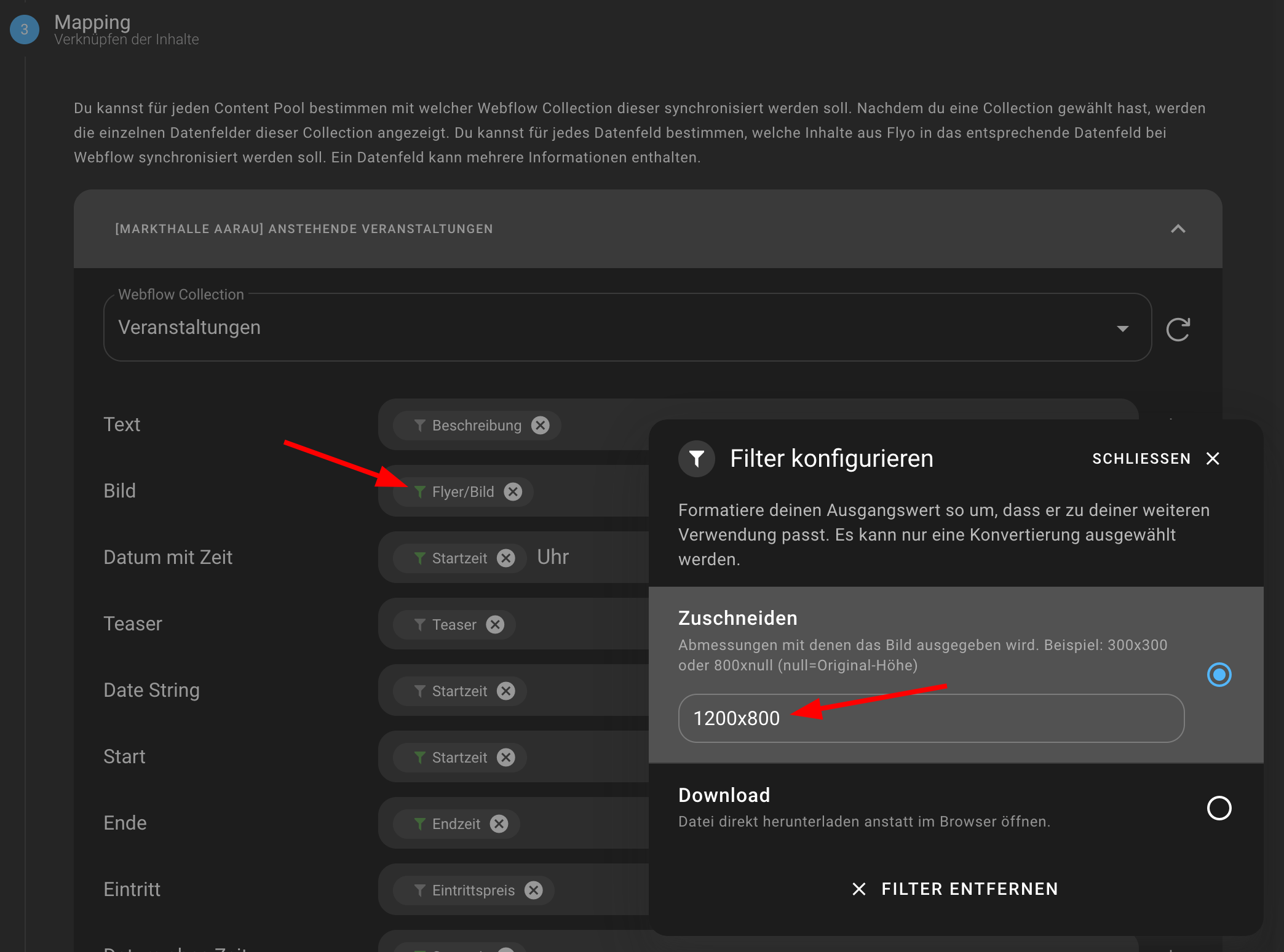 Zuschneiden im Mapping mit Filter-Funktion